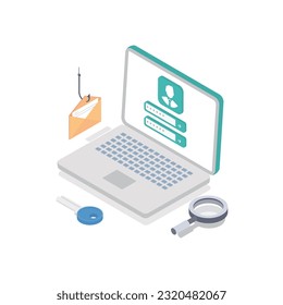 Concepto de protección de datos. Comprobación de tarjeta de crédito y datos de acceso a software como confidenciales. Se puede usar para banner web, infografías, imágenes de héroes. Ilustración isométrica plana aislada sobre fondo blanco.