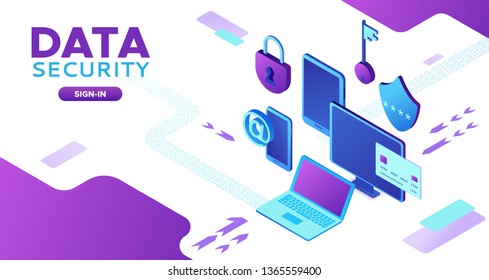 Data protection concept, cyber security 3d isometric vector illustration, firewall attack, phishing scam, information safety , laptop, computer, bank card 