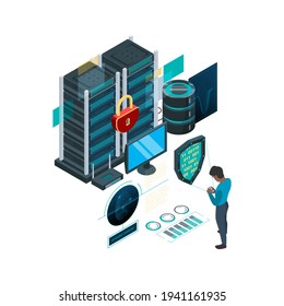 Concepto de protección de datos. protocolo de autoidentidad de seguridad de la ciberseguridad acceso a software garish vectores imágenes isométricas