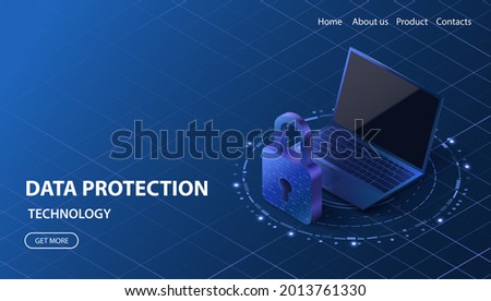 Data protection concept. Cyber security vector illustration. Laptop privacy technology. VPN protect banner.