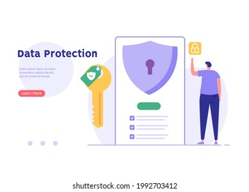 Data protection concept. Cyber specialist protecting data files with safe password. Concept of Data security, anti-spy, protecting information. Vector illustration in flat design for web