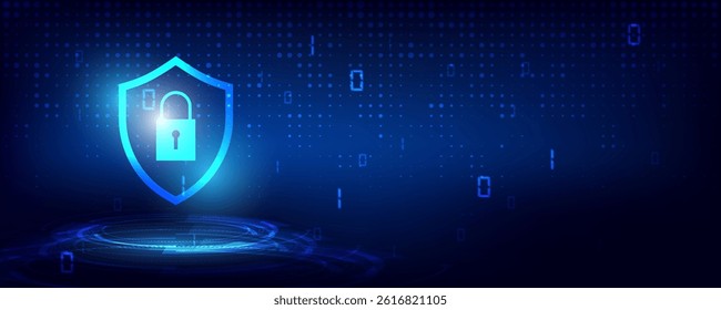 Data protection concept. Cybersecurity. Security in network world. Blue background with digital shield and lock. digital data network AI technology. Cyberspace internet business, vector illustration.