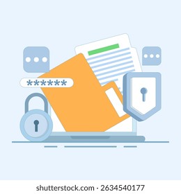 data protection concept, Documents protected by password encryption technology, personal and business document security with password verification and encryption technology. flat illustration.