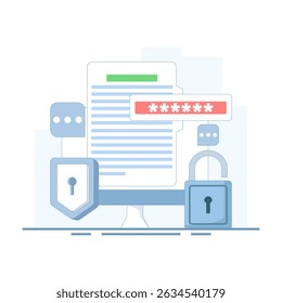 data protection concept, Documents protected by password encryption technology, personal and business document security with password verification and encryption technology. flat illustration.