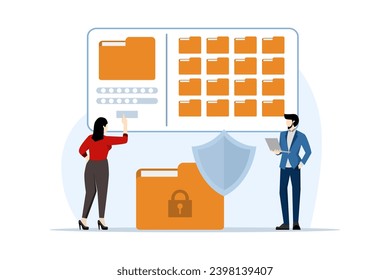 Data protection concept, file security and access rights, Folder, folder and shield with lock icon, Data Privacy, Consent Management, Personal Data Protection, modern flat design graphic element.