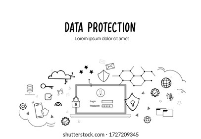 Data protection concept in flat doodle style. Cyber computer security vector.