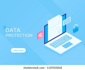 Data protection concept. Flat isometric vector illustration isolated on blue background.