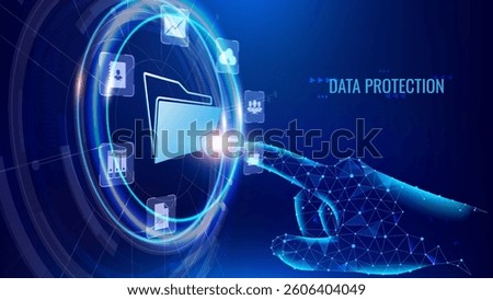 Data protection concept. Hand touching file icon and virtual screen background, cybersecurity, online privacy. Secure information management, internet security in futuristic technology setting.