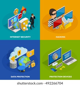 Data protection concept icons set with hacking symbols isometric isolated vector illustration 