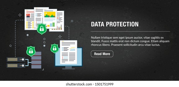 Data protection concept. Internet banner with icons in vector. Web banner for business, finance, strategy, investment, technology and planning.