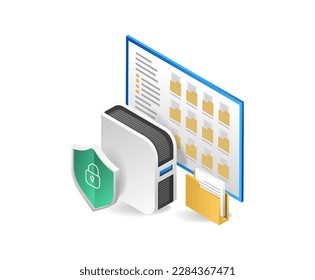 Datenschutzkonzept. Isometrisches Datensicherheitskonzept. Schild mit Schloss und Ordner. Vektorgrafik.