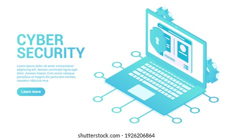 Concepto de protección de datos. Página de inicio o plantilla de banner de Internet. Portátil 3d con iconos de página web, blindaje con cerradura y marcha.Ilustración vectorial de estilo isométrico.  aislado de fondo blanco. 