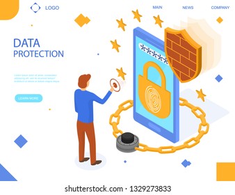 Data Protection Concept Landing Web Page Template. Vector illustration of Design Project for Security Technology Service Website