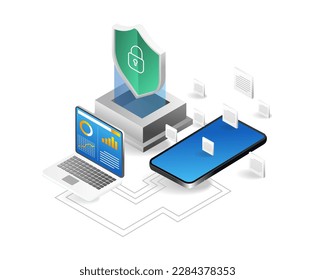 Datenschutzkonzept. Laptop, Smartphone und Schild. Isometrische Vektorgrafik.