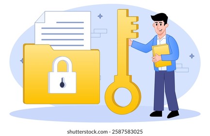 Data Protection Concept. Male Character Holding Key near Computer with Strong Password. Security or Privacy in Internet, Personality Verification, Secure Account Access. Cartoon Vector Illustration.