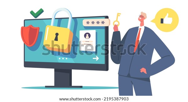 Data Protection Concept. Male Character\
Holding Key near Computer with Strong Password. Security or Privacy\
in Internet, Personality Verification, Secure Account Access.\
Cartoon Vector\
Illustration