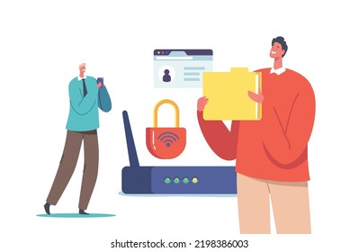 Data Protection Concept. Male Characters with Folder and Smartphone near Wifi Router. Security or Privacy in Internet, Personality Verification, Secure Account Access. Cartoon Vector Illustration