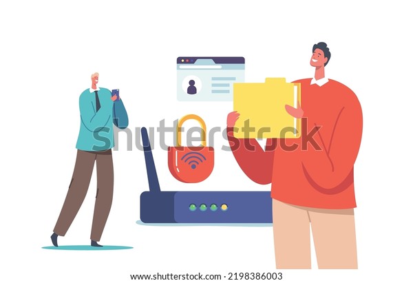 Data Protection Concept. Male Characters\
with Folder and Smartphone near Wifi Router. Security or Privacy in\
Internet, Personality Verification, Secure Account Access. Cartoon\
Vector Illustration