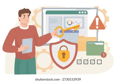 Data protection concept. Man with key near shield and file folders. Cybersecurity and preventing hacker attacks. Internet security and personal data protection. Flat vector illustration