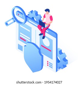 Data protection concept. A man with a laptop sits on a web page with his personal data.