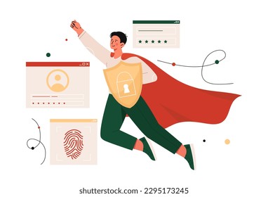 Data protection concept. Man in raincoat with shield flies next to lines of code. Internet security and privacy. Malware and antivirus. Safety and insurance. Cartoon flat vector illustration