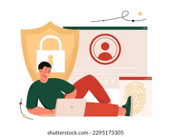 Data protection concept. Man sits with laptop in front of webpage with shield. Information security on Internet. Identity verification and biometrics, fingerprint. Cartoon flat vector illustration
