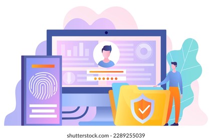 Data protection concept. Man standing near folder. Personal information security, account access, verification and authentication. Fingerprint and biometrics. Cartoon flat vector illustration