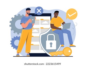 Data protection concept. Men with laptop and phone next to shield. Internet security, antivirus. Programmers and IT specialists. Modern technologies and digital world. Cartoon flat vector illustration