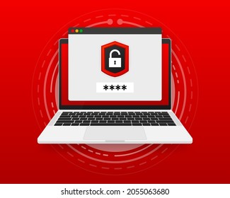 Data protection concept on the computer screen. Credit card verification and software access data as confidential. Vector illustration.