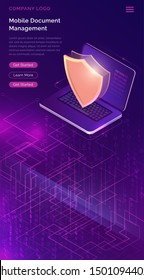 Data protection concept, online security guarantee, isometric vector. Open laptop, golden shield guards personal information on its screen, purple background with digital data stream, landing web page