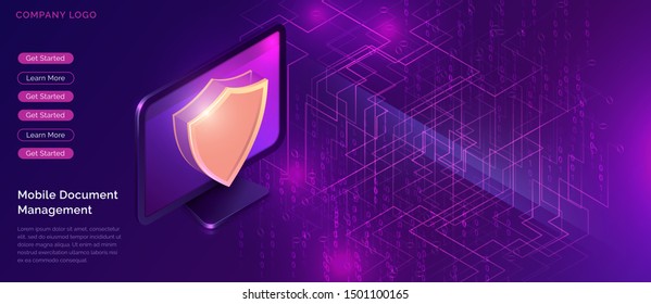 Data protection concept, online security guarantee isometric vector. Computer monitor, golden shield guards personal information on its screen, purple background with digital data stream, landing page