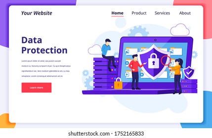 Data protection concept, people protecting data and files on a giant laptop. Modern flat landing page design for website and mobile website. Vector illustration