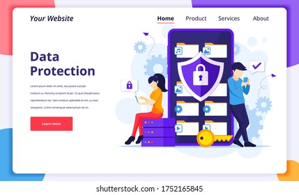 Concepto de protección de datos, personas que protegen datos y archivos en un smartphone gigante. Diseño moderno de página de aterrizaje plana para sitio web y sitio web móvil. Ilustración del vector
