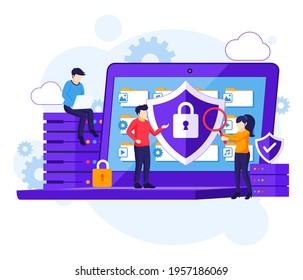 Data protection concept, people protecting data and files on a giant laptop. Vector illustration