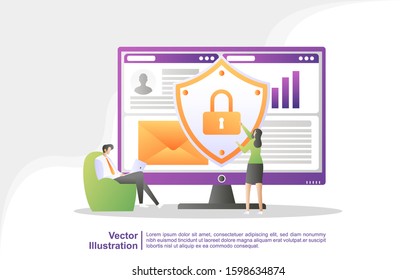 Data protection concept. People secure data management and protect data from hacker attacks. Back up and save important data. Can use for web landing page, banner, mobile app. Vector Illustration