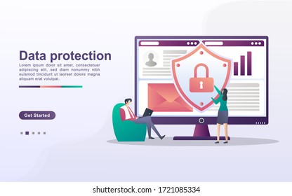 Data protection concept. People secure data management and protect data from hacker attacks. Back up and save important data. Can use for web landing page, banner, mobile app. Vector Illustration