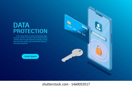 data protection concept. protect data finance and confidentiality with high security. flat isometric illustration