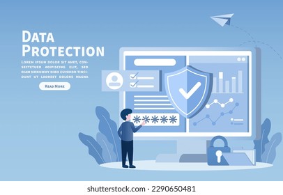 Data protection concept. Protect personal details, password protection, firewalls, sensitive data from cyber-attack and other forms of online threats. Flat vector illustration.