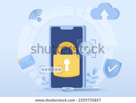 Data protection concept. Protect personal detail and access account by enter password, fingerprint scanning, sensitive data from cyber attack and other form of online threat. Flat vector illustration.