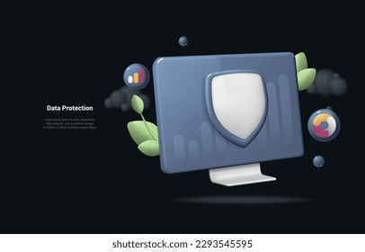 Data Protection concept. Realistic 3d illustration of Laptop computer with security shield symbol. Data protection, internet security concept. Landing page on dark background. Cartoon 3d style.