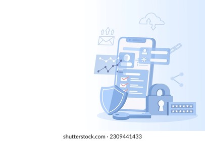 Data protection concept. Safeguard sensitive data, password protection, secure access to account, backup, internet network security. Flat vector illustration with copy space.