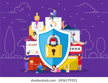 Concepto de protección de datos. Seguridad y protección de datos confidencial, concepto con caracteres. Seguridad en Internet. Ilustración vectorial en estilo plano