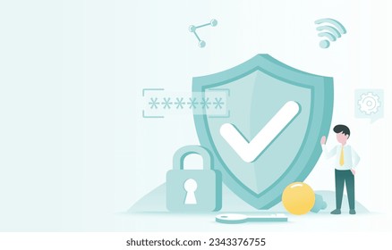 Concepto de protección de datos. Tecnología de seguridad, contraseña, acceso a la cuenta, cortafuegos, identidad, verificación. Protección financiera contra amenazas en línea. Ilustración de diseño de vector plano.