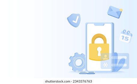 Data protection concept. Safety and security technology, protect personal detail, password sensitive data, firewall, identity, access account. Flat vector design illustration with copy space.