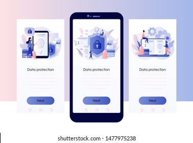 Data protection concept. Scan Fingerprint, Identification system. Screen template for mobile smart phone. Modern flat cartoon style. Vector illustration