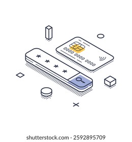 Data protection concept with a secure element, indicating enhanced security in digital transactions. Modern isometric line art vector illustration