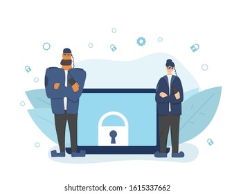 Data protection concept. Security guards standing with arms crossed and defending confidential information. Male and female characters saving check access with huge computer. Vector flat illustration.