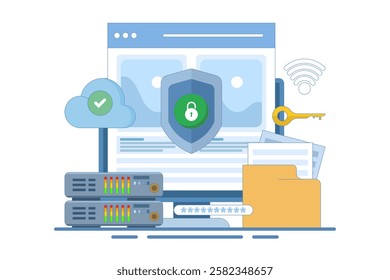 data protection concept, security of personal and business documents with password verification and encryption technology, online cyber data security, internet security or information privacy.