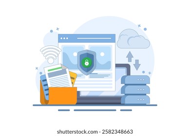 data protection concept, security of personal and business documents with password verification and encryption technology, online cyber data security, internet security or information privacy.