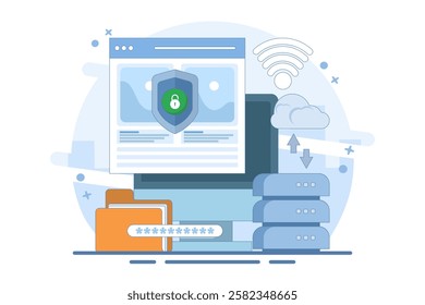 data protection concept, security of personal and business documents with password verification and encryption technology, online cyber data security, internet security or information privacy.